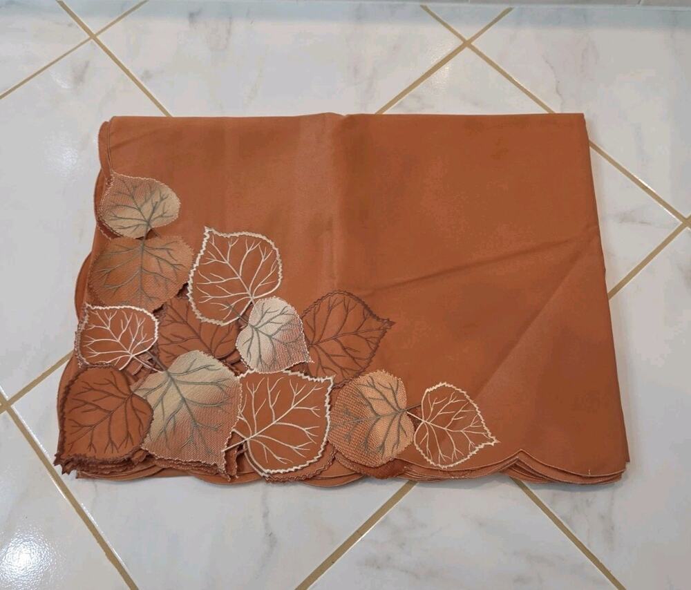 Embroidered Autumn Leaves Cutwork Tablecloth 60" x 84" Scalloped Rust